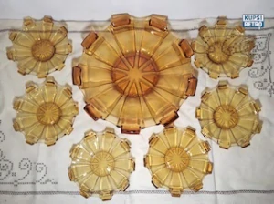 Starožitná skleněná souprava, ambrové sklo, Rudolf Schrotter 